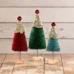 Bethany Lowe Christmas Cupcake Bottle Brush Bead Icing Sprinkles Trees Set of 3